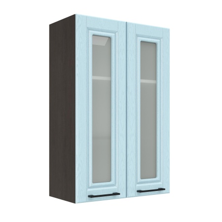 Шкаф верхний со стеклом (премьер) ШВС 600Н Корпус: ЛДСП венге 16мм; фасад: фрезеровка Барселона, МДФ голубой тик 16мм