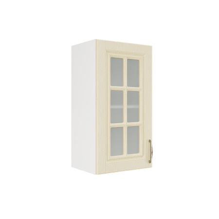 Шкаф верхний со стеклом ШВС 400 Корпус: ЛДСП белый 16мм; фасад: фрезеровка Лондон, МДФ дуб крем 16мм