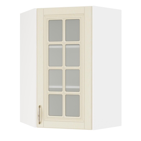 Шкаф верхний угловой (премьер)  ШВУС 600Н Корпус: ЛДСП белый 16мм; фасад: фрезеровка Лондон, МДФ дуб крем 16мм