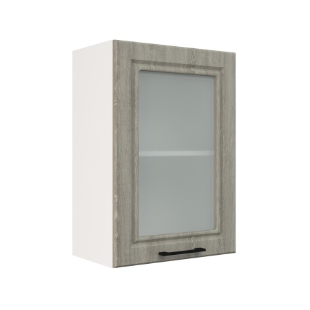 Шкаф верхний со стеклом ШВС 500 Корпус: ЛДСП белый 16мм; фасад: фрезеровка Барселона, МДФ седой клен 16мм