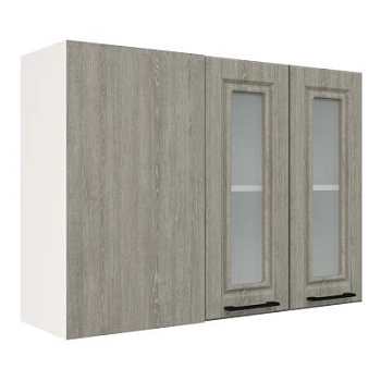 Шкаф верхний угловой со стеклом ШВУПС 1000 Корпус: ЛДСП белый 16мм; фасад: фрезеровка Барселона, МДФ седой клен 16мм