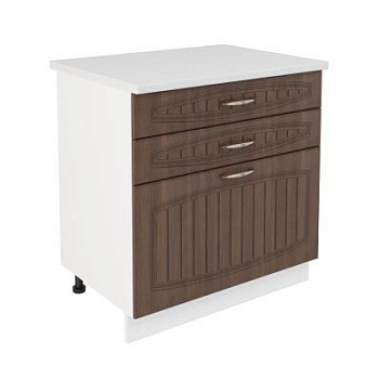 Шкаф нижний с ящиками ШН3Я 800 Корпус: ЛДСП белый 16мм; фасад: фрезеровка Гренада, МДФ бразильский орех 16мм