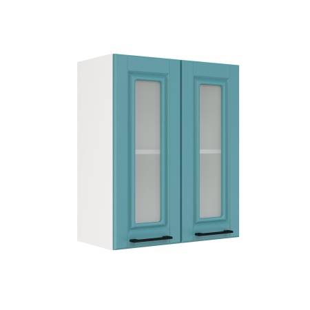 Шкаф верхний со стеклом ШВС 600 Корпус: ЛДСП белый 16мм; фасад: фрезеровка Барселона, МДФ морское дерево 16мм