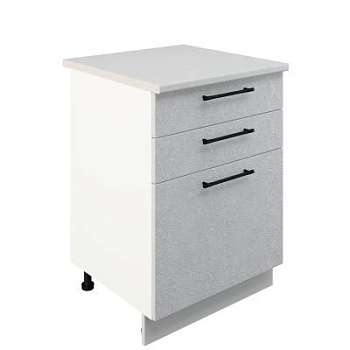 Шкаф нижний с ящиками ШН3Я 600 Корпус: ЛДСП белый 16мм; фасад: фрезеровка Нувель, МДФ бетон белый 16мм