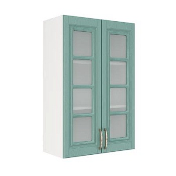 Шкаф верхний со стеклом (премьер) ШВС 600Н Корпус: ЛДСП белый 16мм; фасад: фрезеровка Лондон, МДФ дуб изумруд 16мм