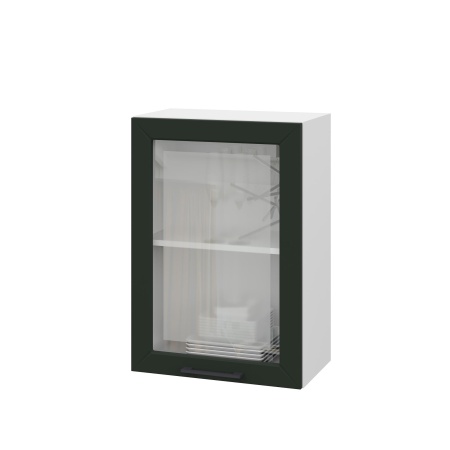 Шкаф верхний со стеклом ШВС 500 Корпус: ЛДСП белый 16мм; фасад: фрезеровка Кельн, МДФ софт пихтовый зеленый 16 мм