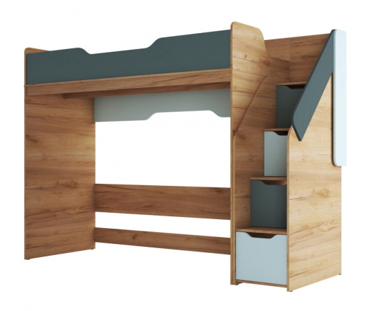 RICH Кровать - чердак КР-001 (сп.место 0.8 х 2.0 м) Дуб Крафт золотой / Кенди U9114 (УД) / Сумеречный голубой