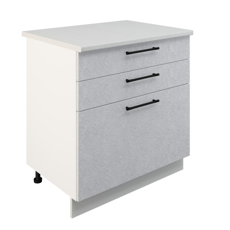 Шкаф нижний с ящиками ШН3Я 800 Корпус: ЛДСП белый 16мм; фасад: фрезеровка Нувель, МДФ бетон белый 16мм