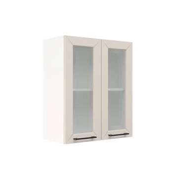 Шкаф верхний со стеклом ШВС 600 Корпус: ЛДСП белый 16мм; фасад: фрезеровка Кельн, МДФ софт бланж 16мм