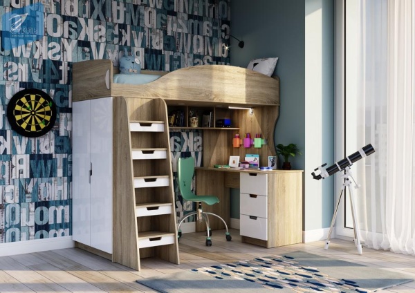 СЭНДИ КР-111 Кровать-чердак (Сп. место 0,8х2,0м) Корпус - Сонома светлый  Фасад МДФ - глянцевая Белый