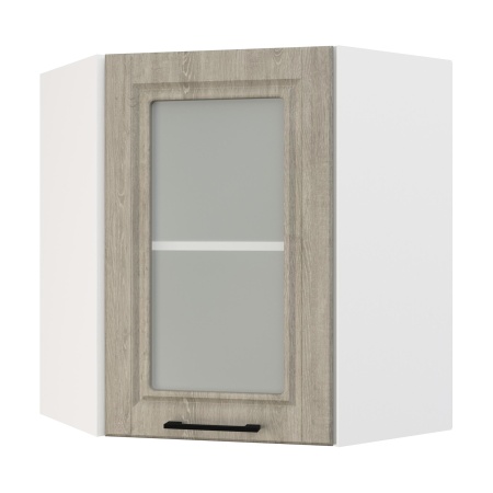Шкаф верхний угловой со стеклом ШВУС 600 Корпус: ЛДСП белый 16мм; фасад: фрезеровка Барселона, МДФ седой клен 16мм