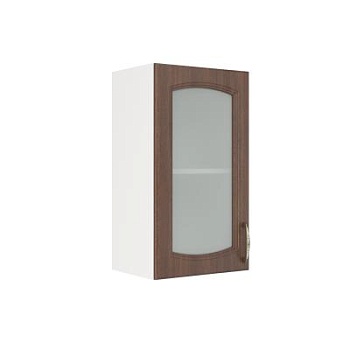 Шкаф верхний со стеклом ШВС 400 Корпус: ЛДСП белый 16мм; фасад: фрезеровка Гренада, МДФ бразильский орех 16мм