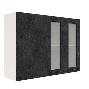 Шкаф верхний угловой со стеклом ШВУПС 1000 Корпус: ЛДСП белый 16мм; фасад: фрезеровка Нувель, МДФ бетон черный 16мм