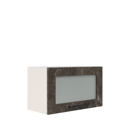 Шкаф верхний горизонтальный со стеклом ШВГС 600 Корпус: ЛДСП белый 16мм; фасад: фрезеровка Нувель, МДФ бетон коричневый 16мм