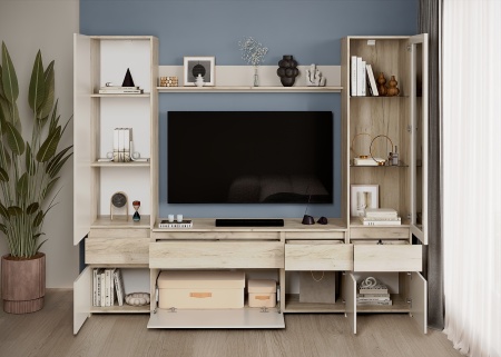 БОСТОН Стенка НМ-002 Корпус - Дуб Крафт серый  Фасад ЛДСП - Кашемир 2,75 / Дуб Крафт серый