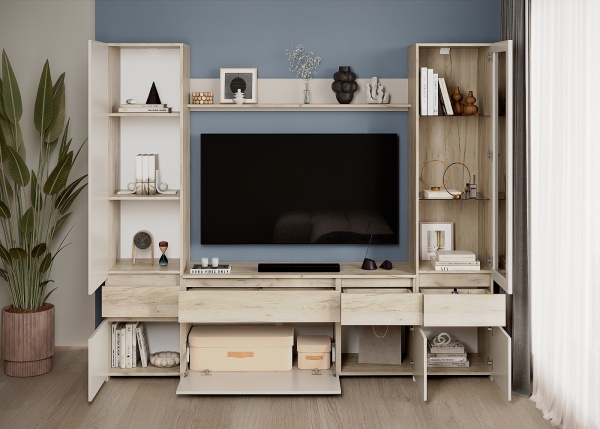 БОСТОН Стенка НМ-002 Корпус - Дуб Крафт серый  Фасад ЛДСП - Кашемир 2,75 / Дуб Крафт серый