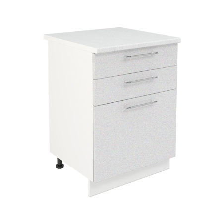 Шкаф нижний с ящиками ШН3Я 600 Корпус: ЛДСП белый 16мм; фасад: фрезеровка Олива, МДФ металлик белый 16мм