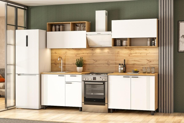 Кухонный гарнитур "Монако" (2м) (Серия 2) Дуб Золотой/Белый матовый/Дуб Вотан