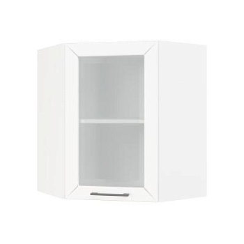 Шкаф верхний угловой со стеклом ШВУС 600 Корпус: ЛДСП белый 16мм; фасад: фрезеровка Кельн, МДФ софт пломбир 16 мм