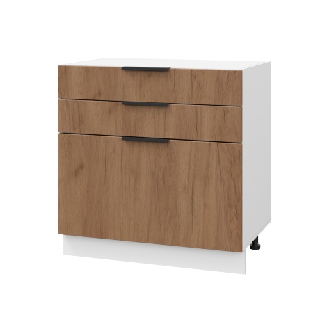 Шкаф нижний с ящиками ШН3Я 800 Корпус: ЛДСП белый 16мм; фасад: фрезеровка Оливия, ЛДСП дуб крафт табачный 16 мм