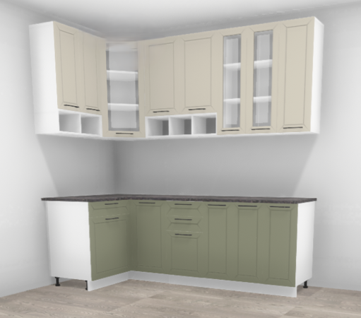 Кухня угловая Кельн премьер Софт бланж / Софт лайт хаки 1,2*2,3 м