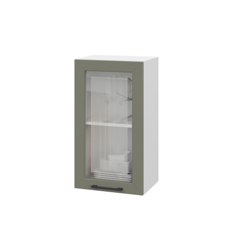 Шкаф верхний со стеклом ШВС 400 Корпус: ЛДСП белый 16мм; фасад: фрезеровка Кельн, МДФ софт лайт хаки 16 мм