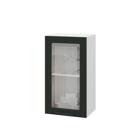 Шкаф верхний со стеклом ШВС 400 Корпус: ЛДСП белый 16мм; фасад: фрезеровка Кельн, МДФ софт пихтовый зеленый 16 мм