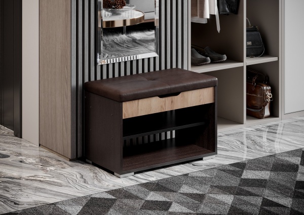 ЭВА Банкетка_БК-002 (длина 660 мм) Корпус - Венге  Фасад ЛДСП - Дуб Крафт золотой Кожзам.- Черно - коричневый