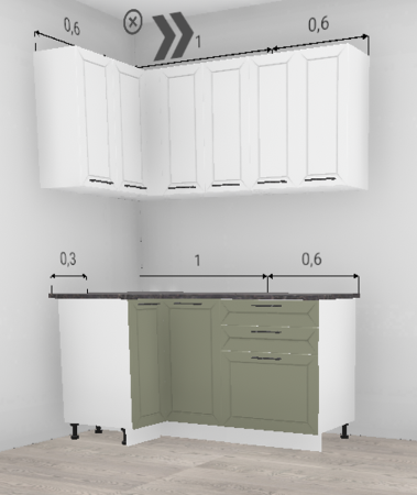 Кухня угловая Кельн Лайт хаки / Софт даймонд (верх) 900*1600 мм (4661)