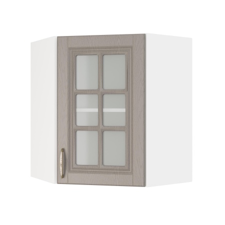 Шкаф верхний угловой со стеклом ШВУС 600 Корпус: ЛДСП белый 16мм; фасад: фрезеровка Лондон, МДФ дуб графит 16мм