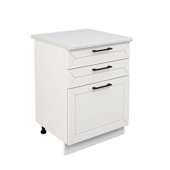 Шкаф нижний с ящиками ШН3Я 600 Корпус: ЛДСП белый 16мм; фасад: фрезеровка Кельн, МДФ софт даймонд 16мм