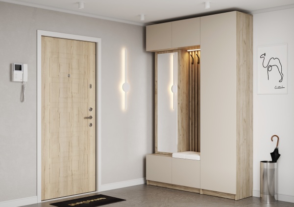 БОСТОН прихожая ЛДСП (Комплект) Корпус - Дуб Крафт серый  Фасад ЛДСП - Кашемир 5981 BS Кожзам.- Ecotex 3002 (Белая)