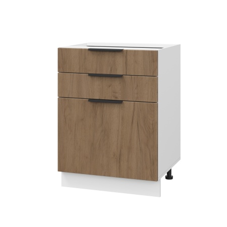 Шкаф нижний с ящиками ШН3Я 600 Корпус: ЛДСП белый 16мм; фасад: фрезеровка Оливия, ЛДСП дуб крафт табачный 16 мм