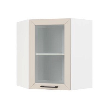 Шкаф верхний угловой со стеклом ШВУС 600 Корпус: ЛДСП белый 16мм; фасад: фрезеровка Кельн, МДФ софт бланж 16мм