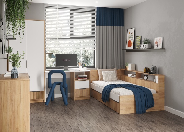 ИВИС Кровать КР-001 (сп.м. 0,9 х 2,0м) Корпус - Дуб Крафт золотой К003  Фасад ЛДСП - Белый (Гладкий)