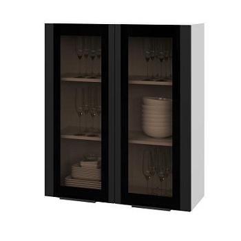 Шкаф верхний со стеклом (премьер) ШВС 800Н Корпус: ЛДСП белый 16мм; фасад: фрезеровка Оливия, МДФ Оливия_софт черный 16 мм