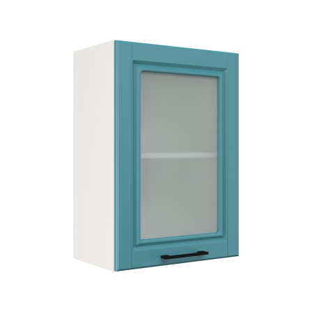 Шкаф верхний со стеклом ШВС 500 Корпус: ЛДСП белый 16мм; фасад: фрезеровка Барселона, МДФ морское дерево 16мм