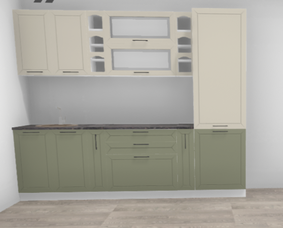 Кухня Кельн Софт бланж / Софт лайт хаки (низ) 2,0 м + пенал закрытый 600 ( ШВГС 800 один без фасада, открытая полка) (9672)