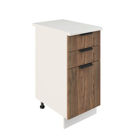 Шкаф нижний с ящиками ШН3Я 400 Корпус: ЛДСП белый 16мм; фасад: фрезеровка Норд, МДФ орех канадский 16 мм