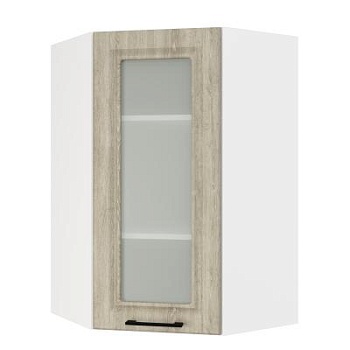 Шкаф верхний угловой (премьер)  ШВУС 600Н Корпус: ЛДСП белый 16мм; фасад: фрезеровка Барселона, МДФ седой клен 16мм