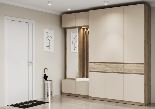 БОСТОН прихожая ЛДСП (Комплект) Корпус - Дуб Крафт серый  Фасад ЛДСП - Кашемир 5981 BS Кожзам.- Ecotex 3002 (Белая)