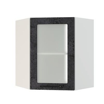 Шкаф верхний угловой со стеклом ШВУС 600 Корпус: ЛДСП белый 16мм; фасад: фрезеровка Нувель, МДФ бетон черный 16мм