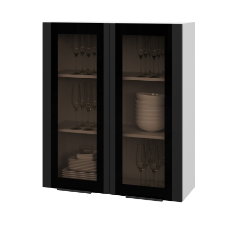 Шкаф верхний со стеклом (премьер) ШВС 800Н Корпус: ЛДСП белый 16мм; фасад: фрезеровка Оливия, МДФ Оливия_софт черный 16 мм