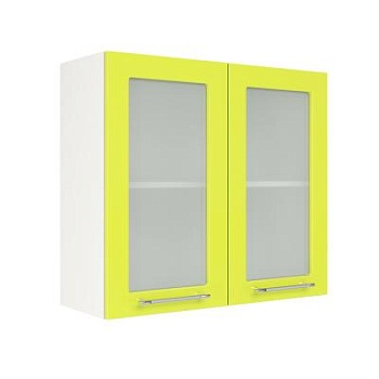 Шкаф верхний со стеклом ШВС 800 Корпус: ЛДСП белый 16мм; фасад: фрезеровка Олива, МДФ глянец лайм 16мм
