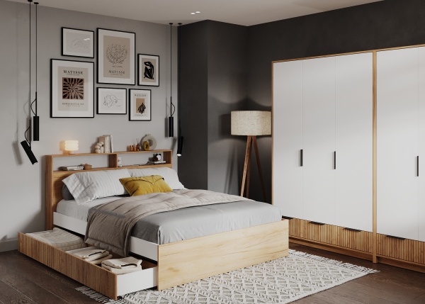 ИВИС Кровать КР-002 (сп.м. 1,6 х 2,0м) Корпус - Дуб Крафт золотой К003  Фасад ЛДСП - Белый (Гладкий)