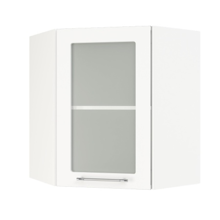 Шкаф верхний угловой со стеклом ШВУС 600 Корпус: ЛДСП белый 16мм; фасад: фрезеровка Олива, МДФ глянец белый 16мм Шкаф верхний угловой со стеклом ШВУС 600 Корпус: ЛДСП белый 16мм; фасад: фрезеровка Олива, МДФ глянец белый 16мм