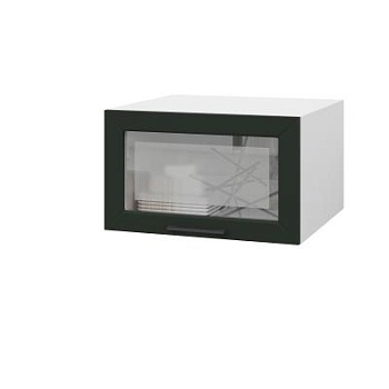 Шкаф верхний со стеклом антресоль ШВСА 600 Корпус: ЛДСП белый 16мм; фасад: фрезеровка Кельн, МДФ софт пихтовый зеленый 16 мм