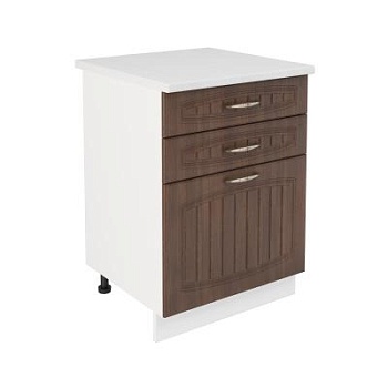 Шкаф нижний с ящиками ШН3Я 600 Корпус: ЛДСП белый 16мм; фасад: фрезеровка Гренада, МДФ бразильский орех 16мм