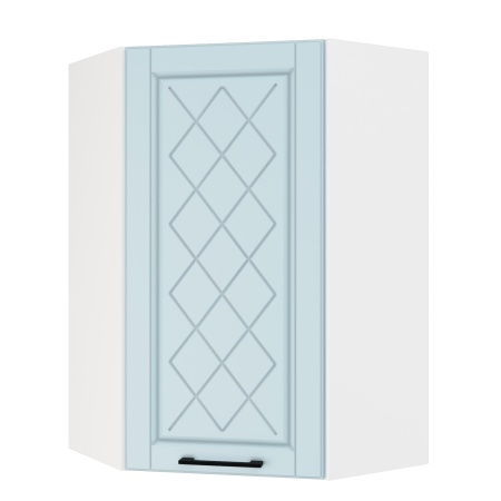 Шкаф верхний угловой (премьер)  ШВУ 600Н Корпус: ЛДСП белый 16мм; фасад: фрезеровка Барселона, МДФ голубой тик 16мм