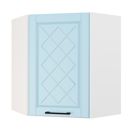 Шкаф верхний угловой ШВУ 600 Корпус: ЛДСП белый 16мм; фасад: фрезеровка Барселона, МДФ голубой тик 16мм